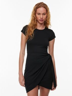 Aritzia Black Short-Sleeve Tie-Waist Mini Dress